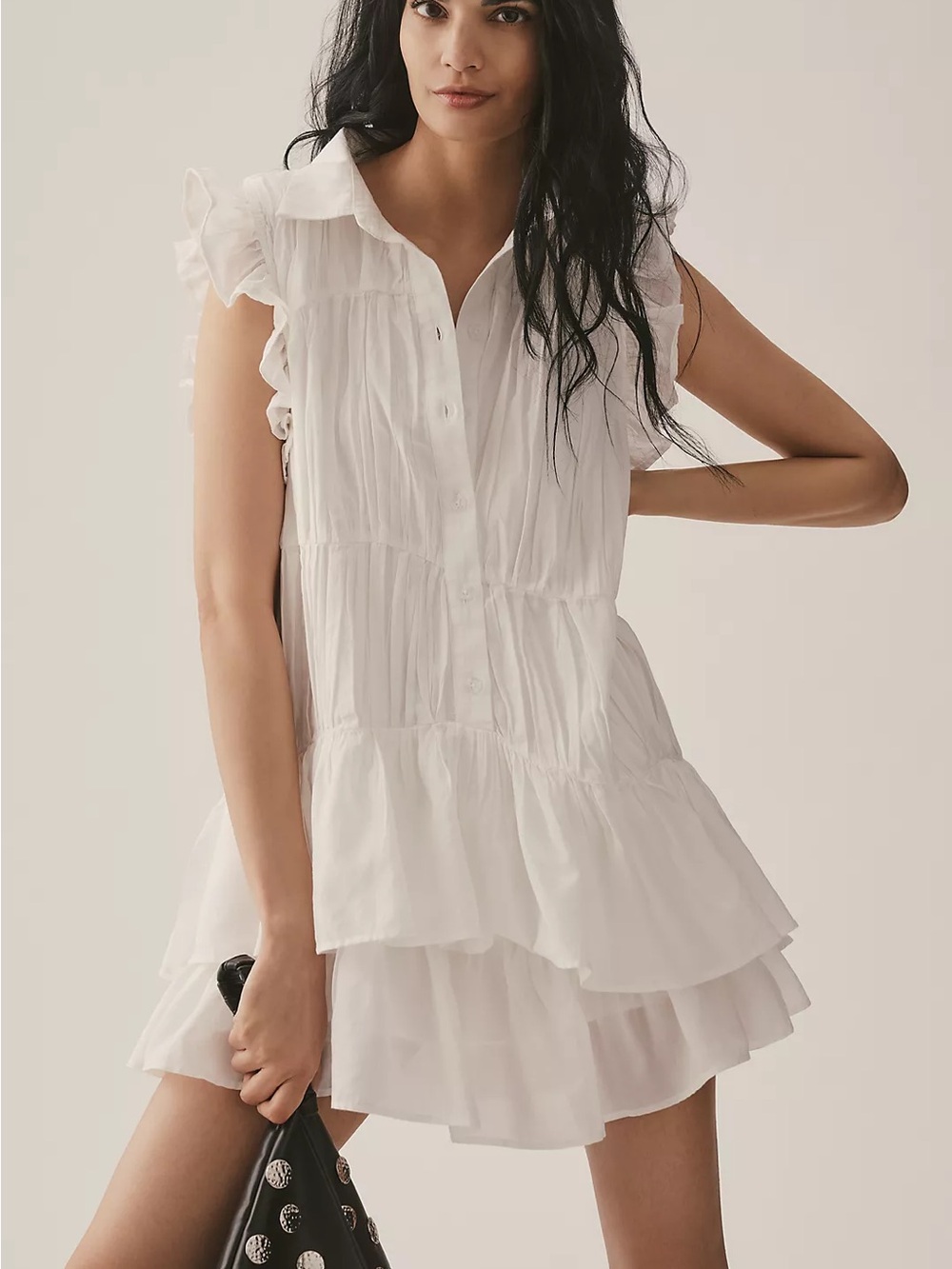 Anthropologie Sleeveless Ruffle Mini Shirt Dress Size Small White Button